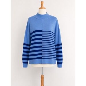 Edinburgh Knitwear Sweater Womens L Blue Striped Pima Cotton Mock Neck Coastal